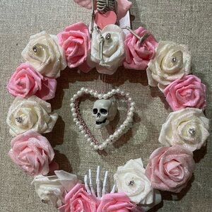 Pink and White Rose Skull Wreath